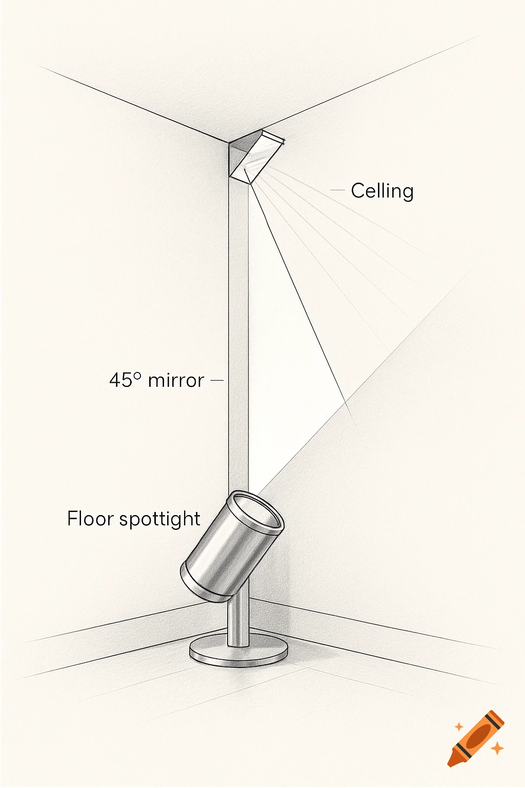 Technical illustration of a corner lamp system with a floor spotlight and a 45-degree mirror reflecting light along the ceiling.