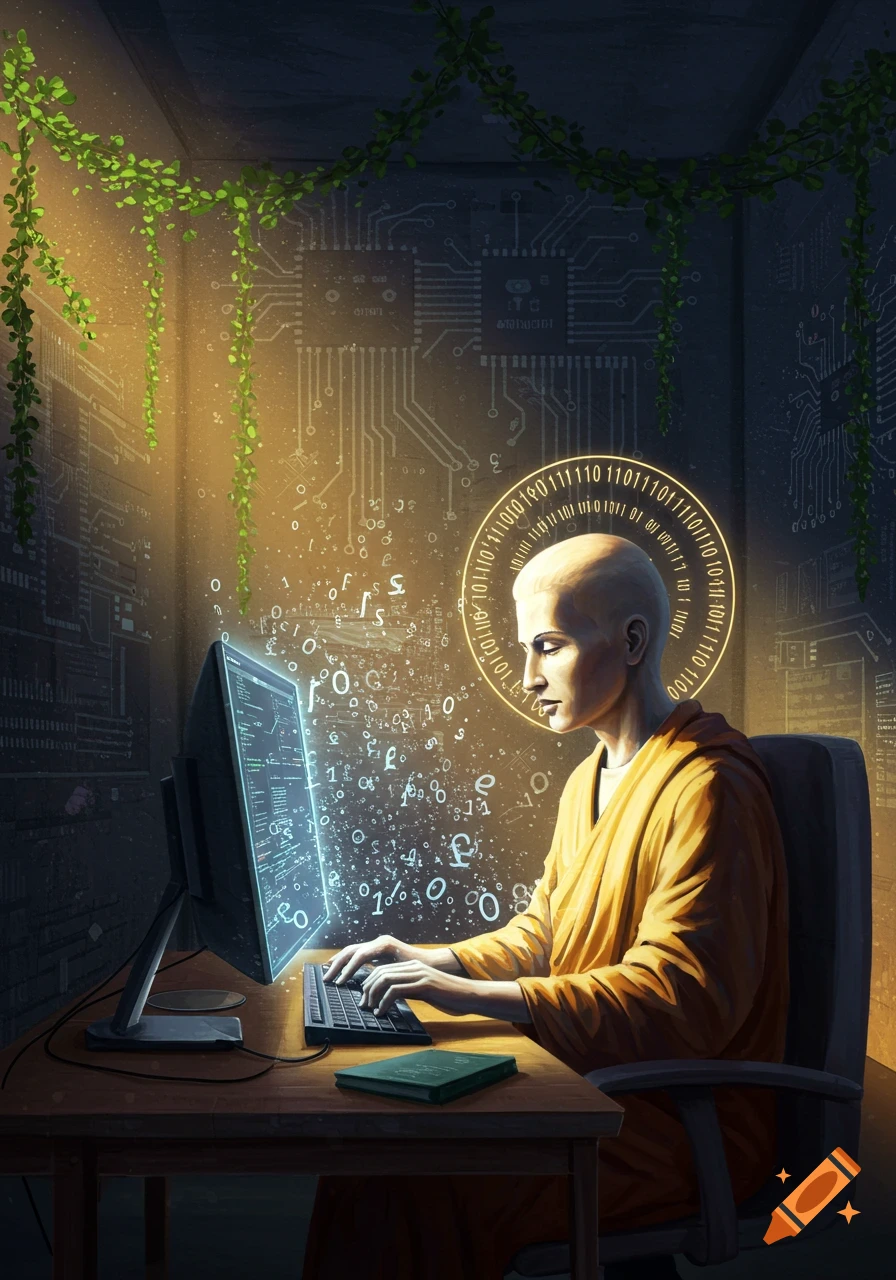 A bald figure in an orange robe codes at a computer, surrounded by glowing binary numbers, circuit board patterns on walls, and green vines.