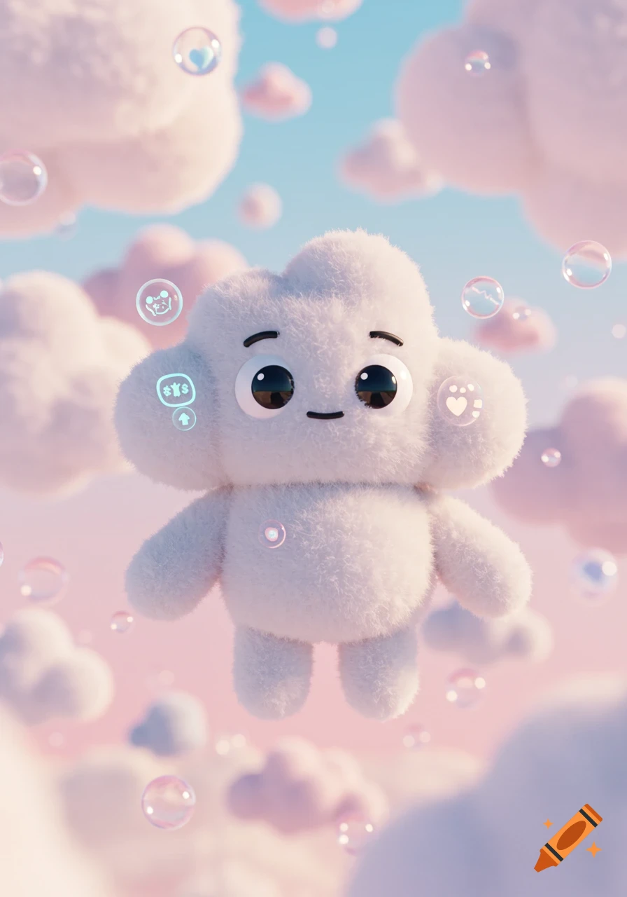 A fluffy white cloud character with big eyes and a smile floats amidst pastel pink clouds and bubbles in a dreamlike digital art style.