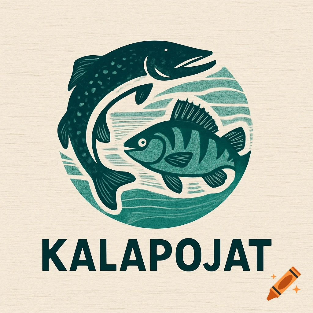 Stylized logo with a dark pike and a green striped perch in a circle with teal waves, above the word KALAPOJAT.