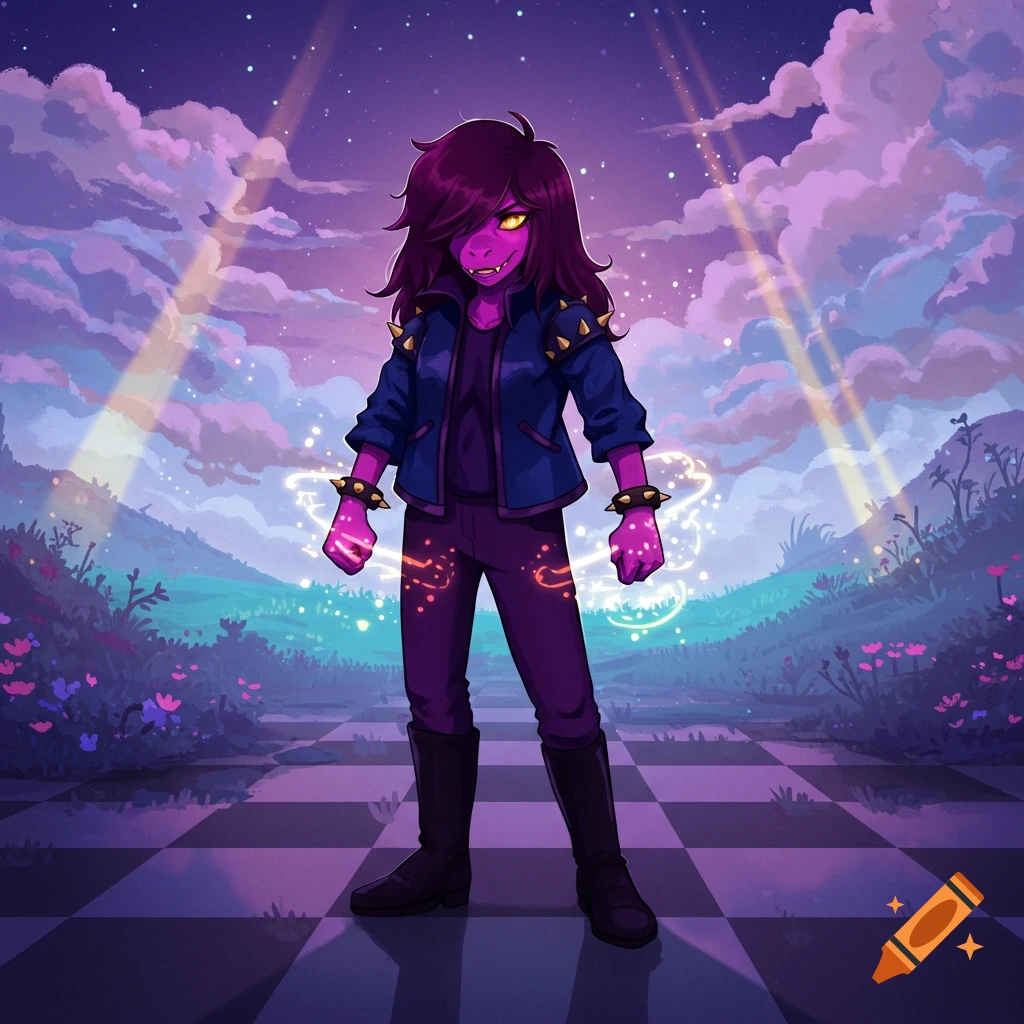 Susie from Deltarune, a purple-skinned character with fangs and glowing hands, stands on a checkered path under a starry purple sky.