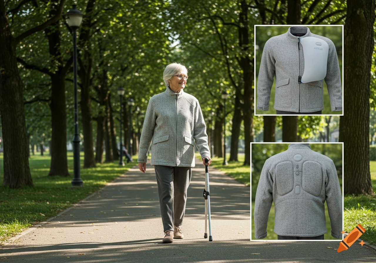 An elderly woman walks with a cane in a park, wearing a gray jacket. Insets show the jacket's front with an airbag device and its back with protective padding.