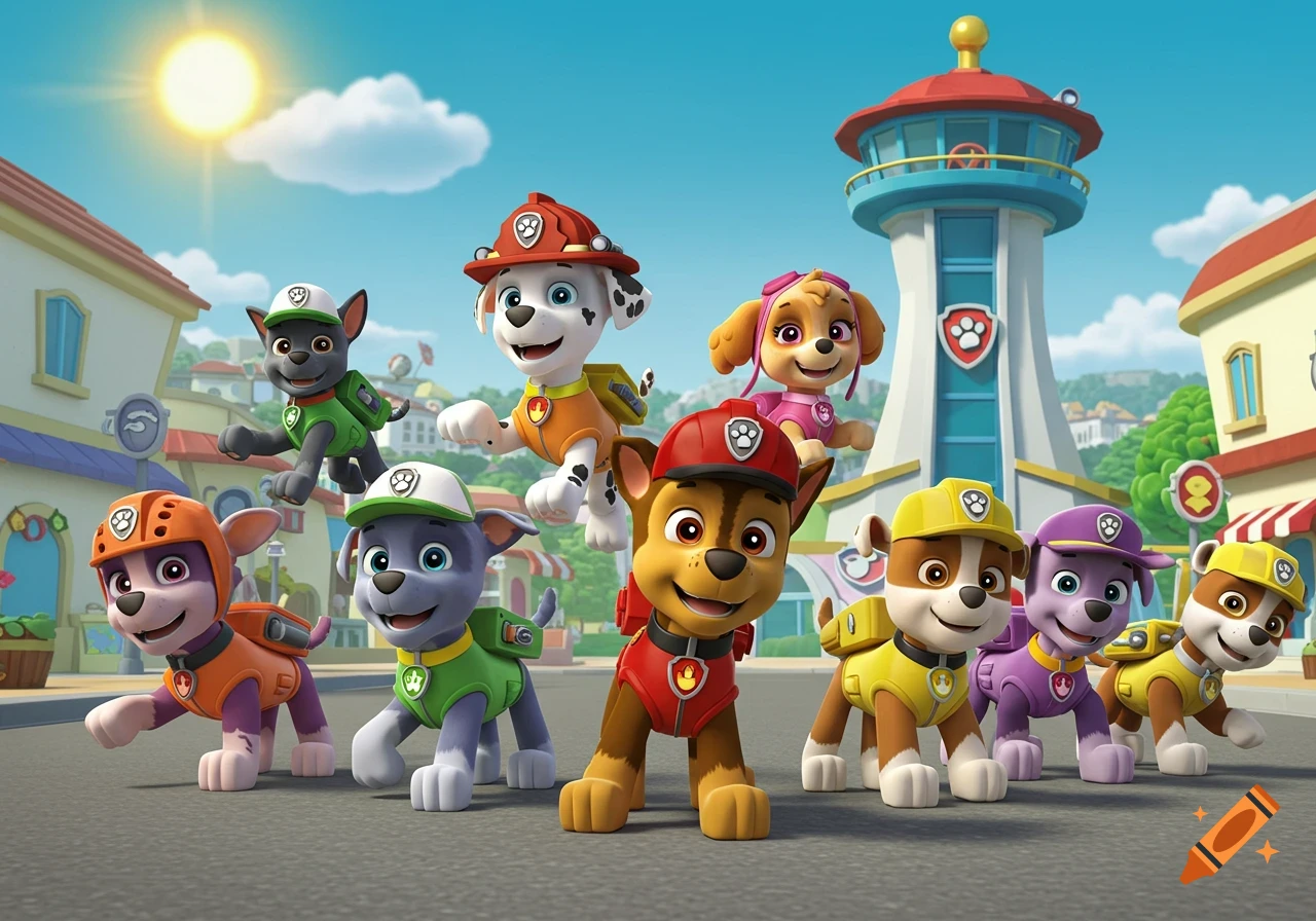 A group of animated Paw Patrol dogs in their uniforms standing on a street with the Paw Patrol lookout tower in the background under a sunny sky.