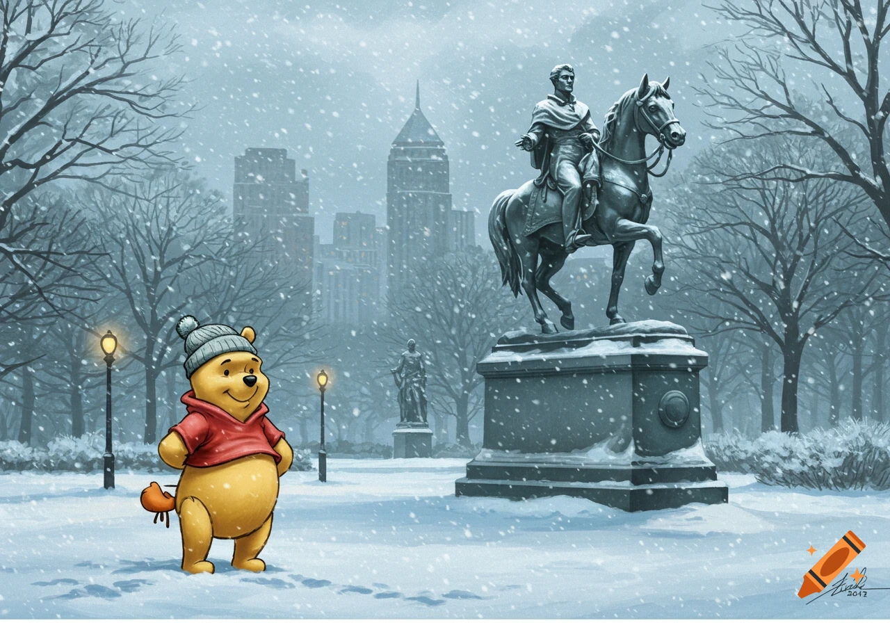 Winnie the Pooh in a hat and red shirt stands in a snowy park with an equestrian statue, trees, and city buildings.