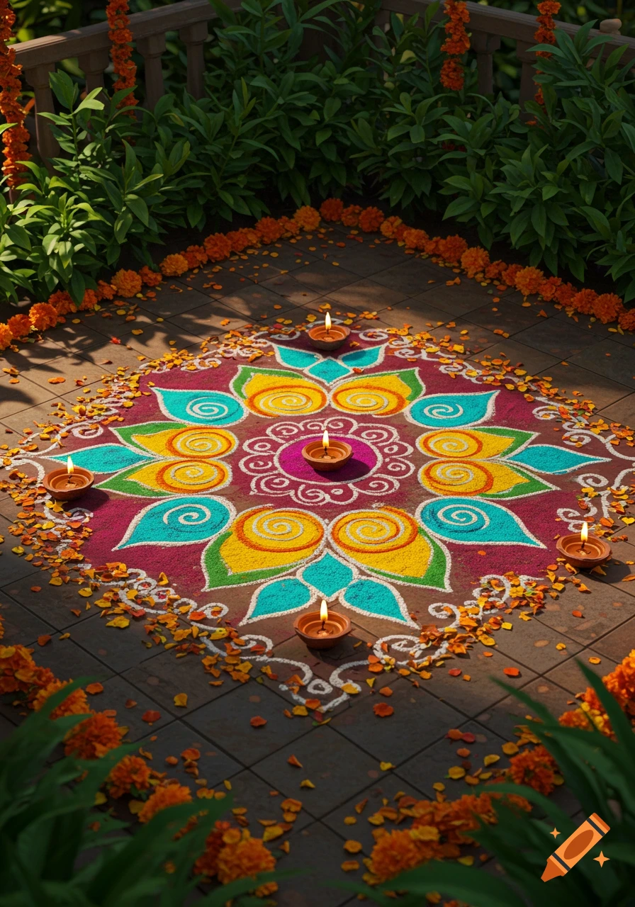 Vibrant multi-colored rangoli design with five lit diyas and orange marigold flowers on a tiled outdoor setting.