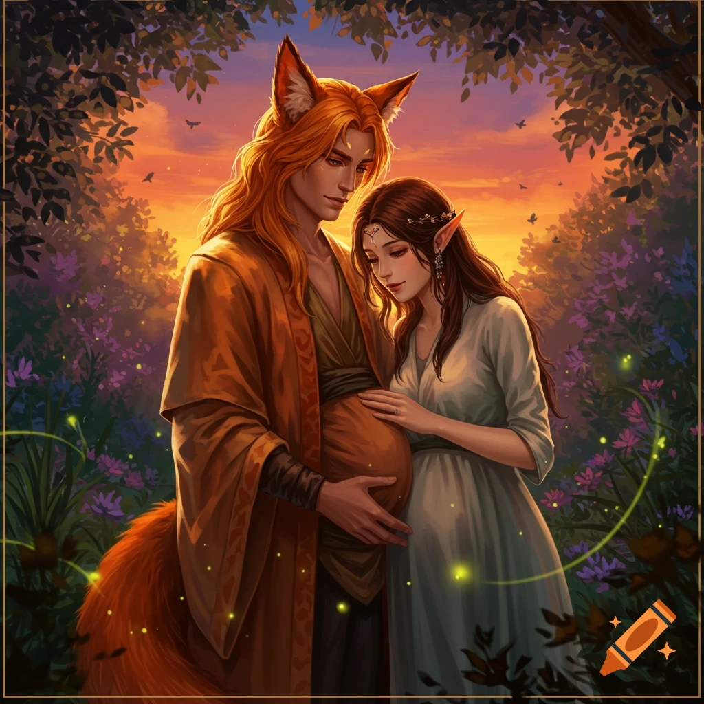 A fox-eared man with long golden hair and a pregnant belly, accompanied by an elf woman with long dark hair, stands in a vibrant forest at sunset.