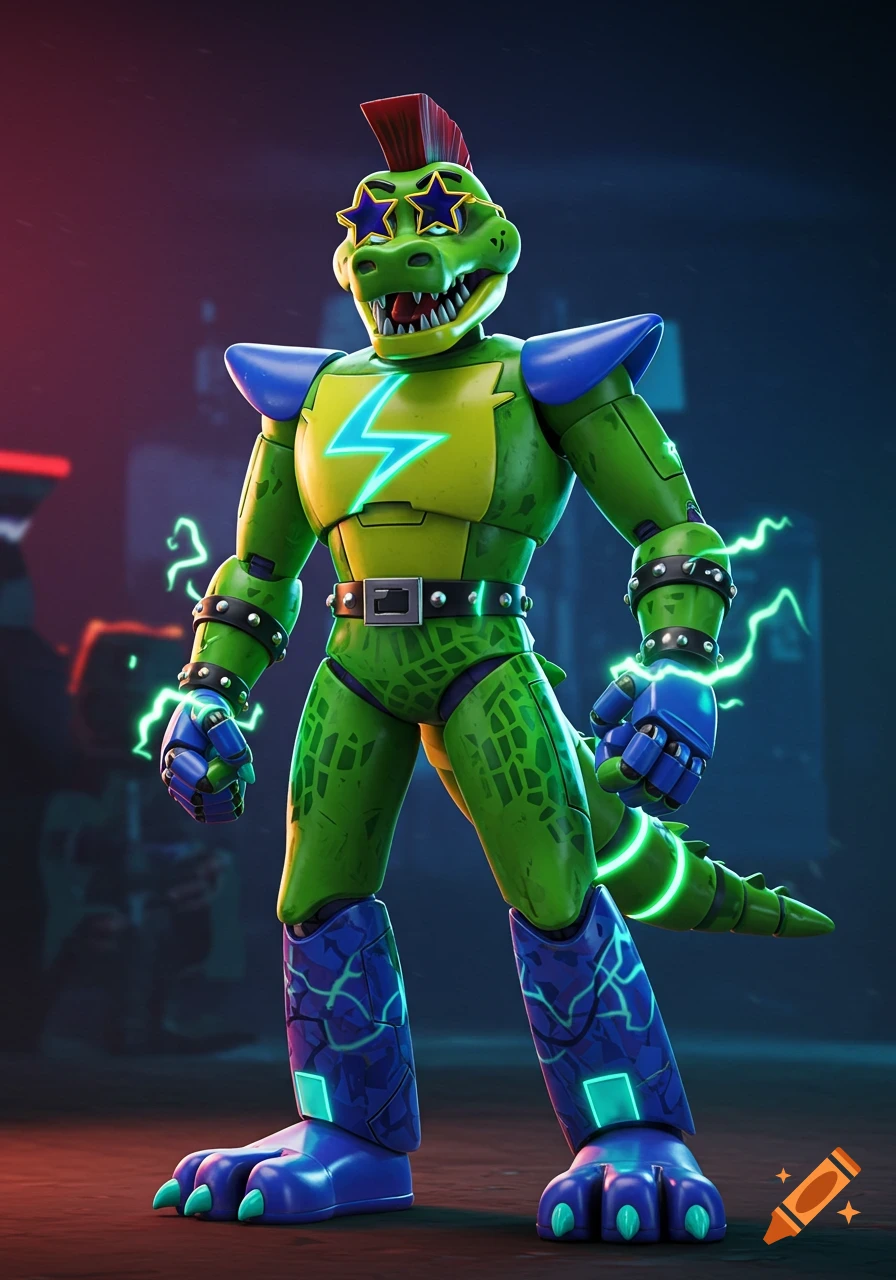 Vibrant green Montgomery Gator robot from FNAF, stylized as a Fortnite skin, wearing star glasses, blue armor, red mohawk, and glowing lightning accents.
