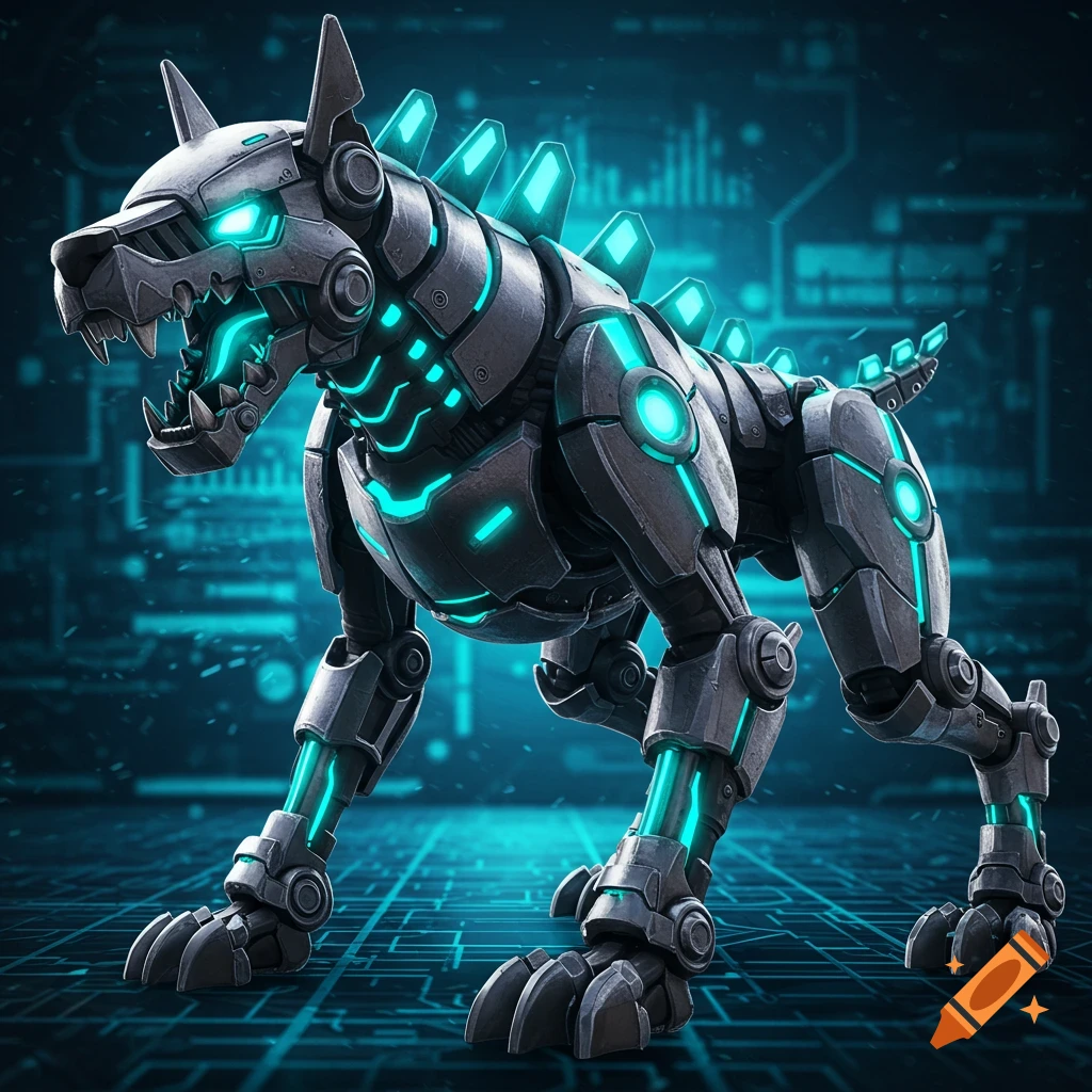 A powerful robotic dog, or 'metalmutt invizimal', stands on a glowing circuit grid with a futuristic blue-lit background.