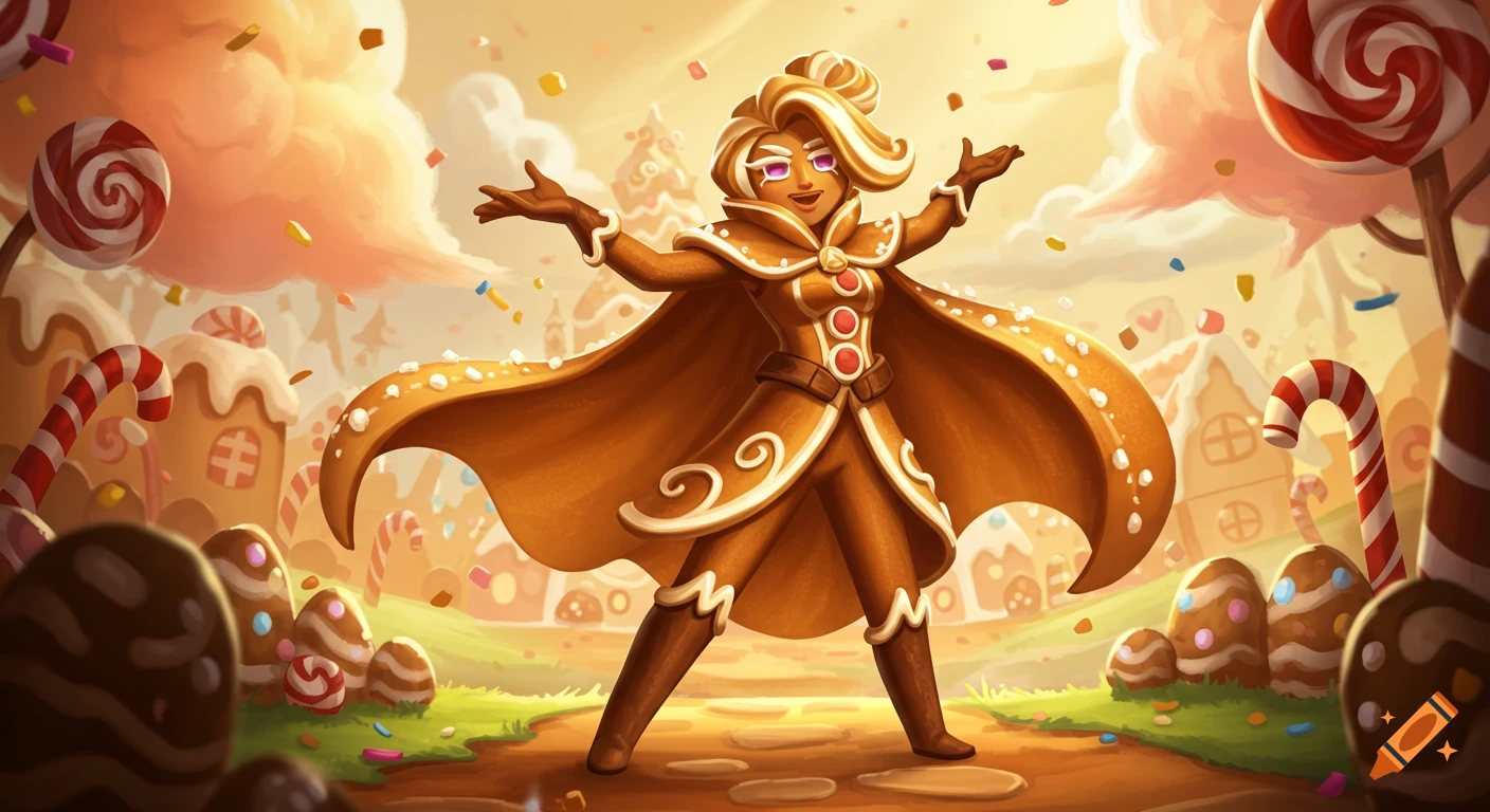 A cartoon female gingerbread cookie character in a cape stands in a candy land with gingerbread houses and lollipops.