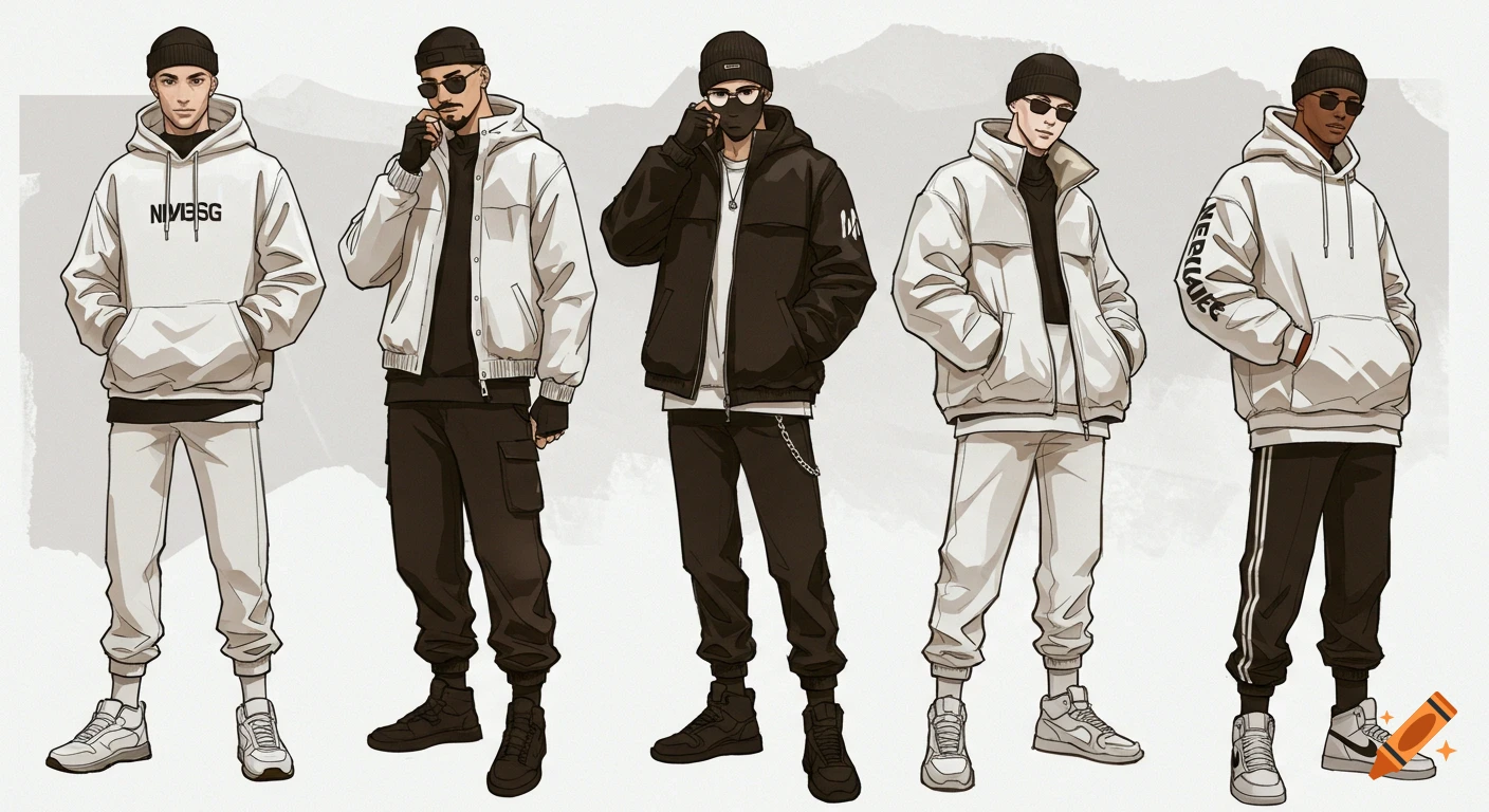Five male figures in a cartoon sketch style, wearing various streetwear outfits like hoodies, jackets, and beanies, on a light background.