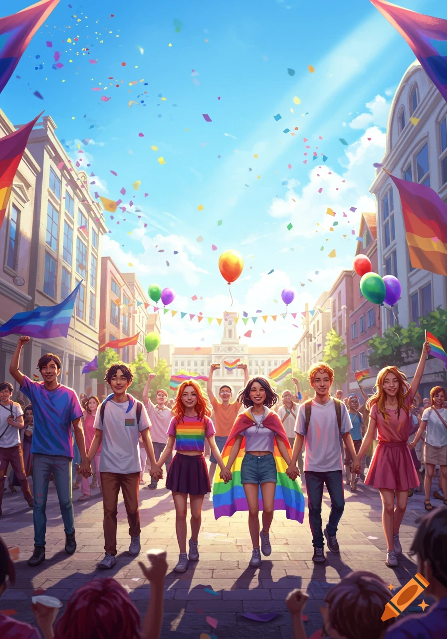 Diverse people celebrate a vibrant pride parade, holding hands and rainbow flags on a sunny street with confetti and balloons.