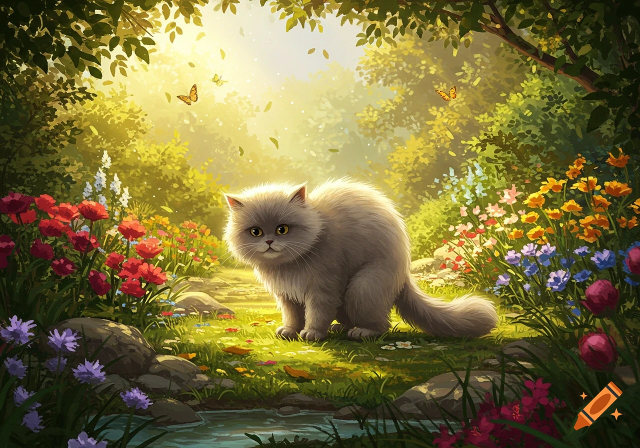 Fluffy grey cat crouched on a grassy path in a vibrant, sunlit forest with colorful flowers and butterflies, in a painted style.