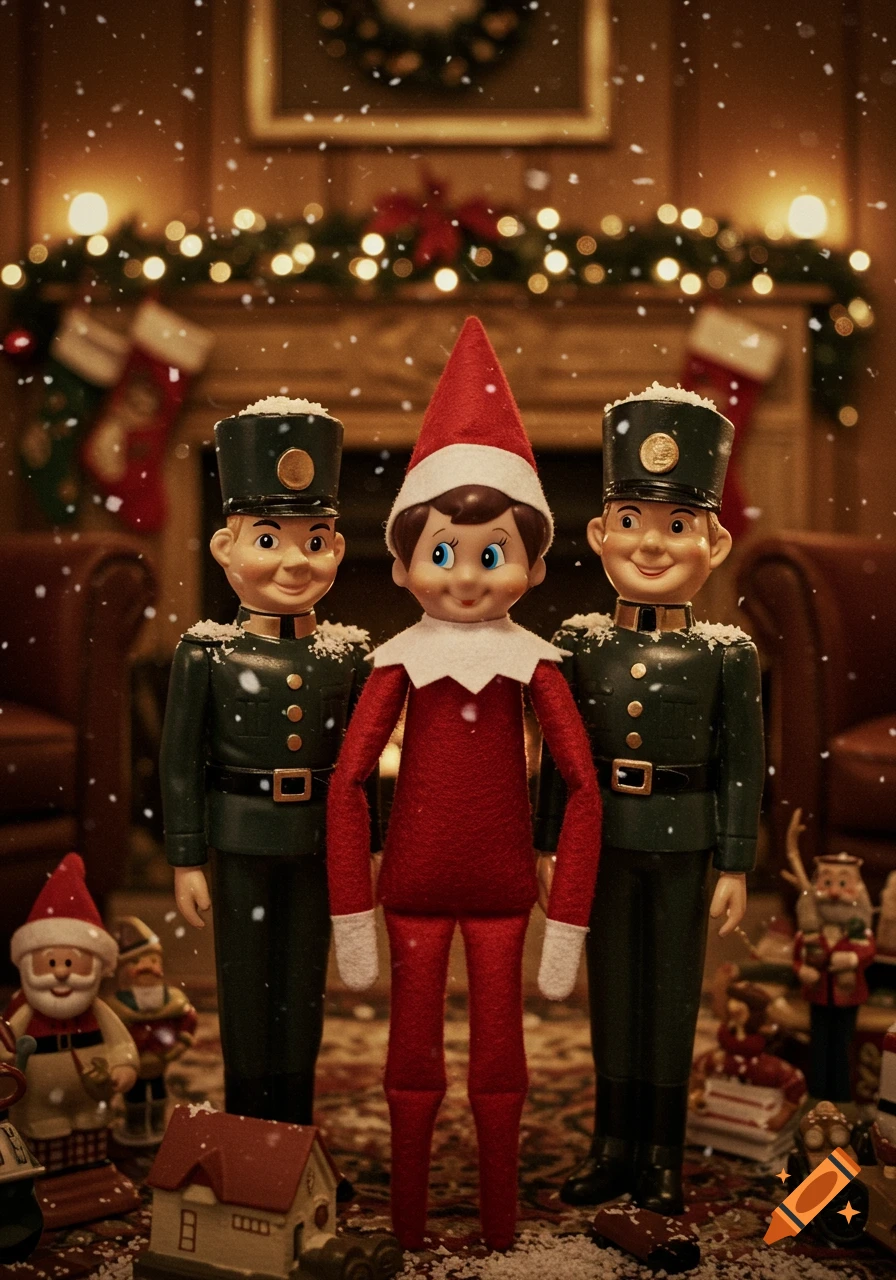 An Elf on the Shelf doll stands between two toy soldiers on a rug, surrounded by miniature toys, with a Christmas fireplace and falling snow in the background.