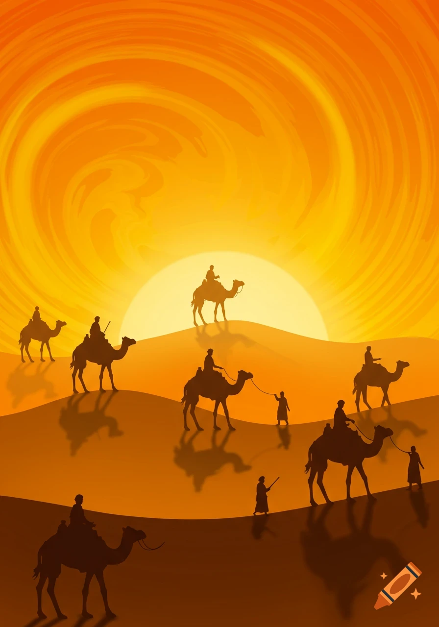 Silhouettes of men riding camels across desert dunes with a large, bright orange and yellow sun in a swirling sky.