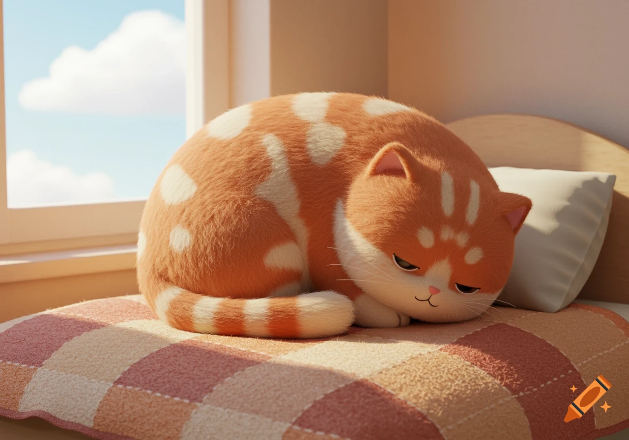 A chubby orange and white cartoon cat curled up on a plaid blanket, looking sleepy by a sunlit window.