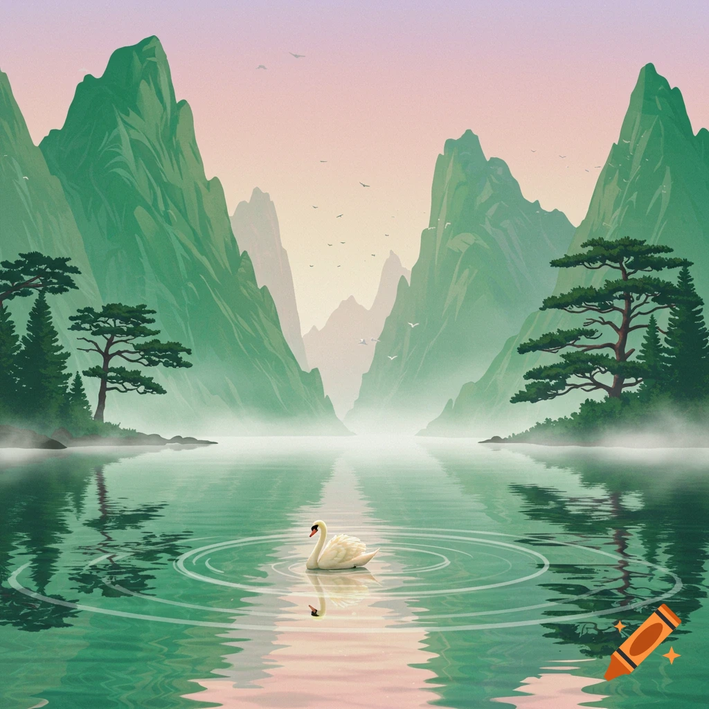 An illustrated serene landscape with a white swan floating on a calm lake, surrounded by green, misty mountains and sparse trees.