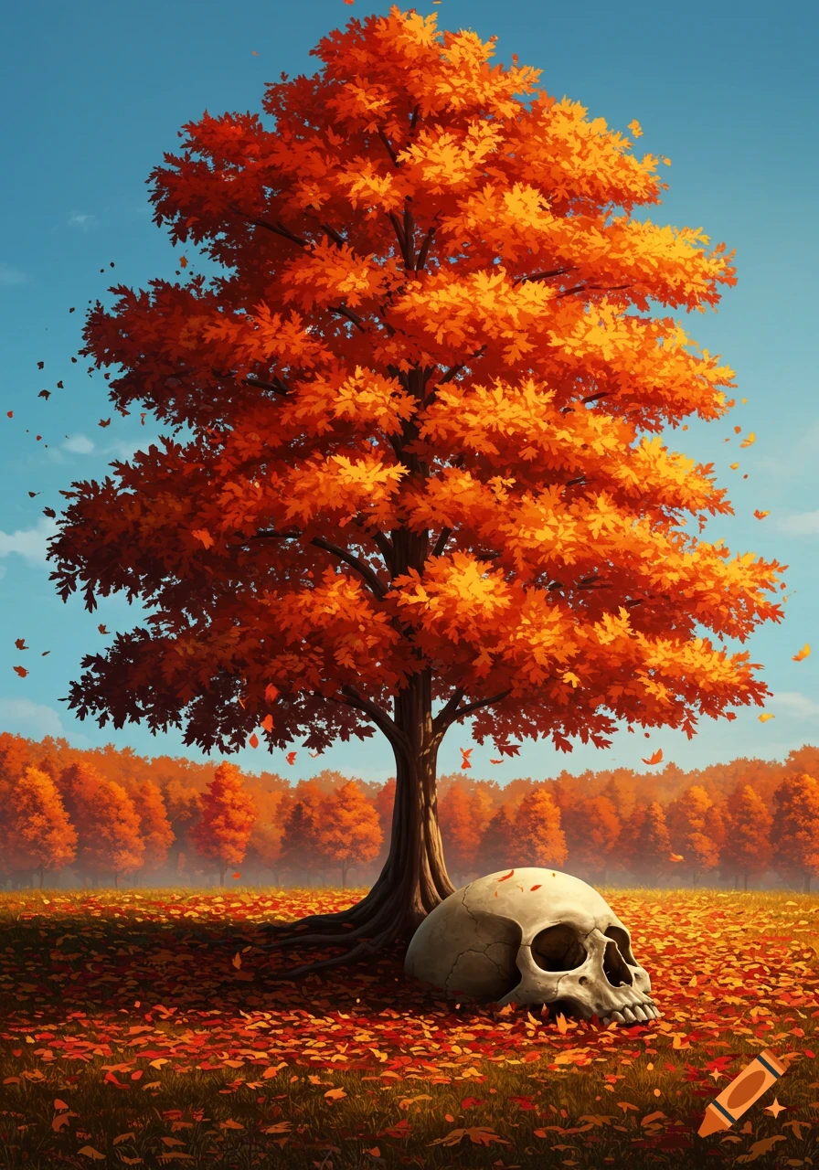 A vibrant autumn illustration of a large tree with orange leaves shedding onto a field where a skull rests at its base.