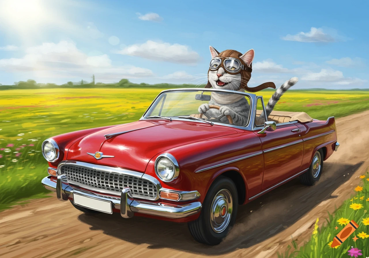 A cartoon cat in aviator gear drives a red classic convertible on a dirt road through a sunny field.