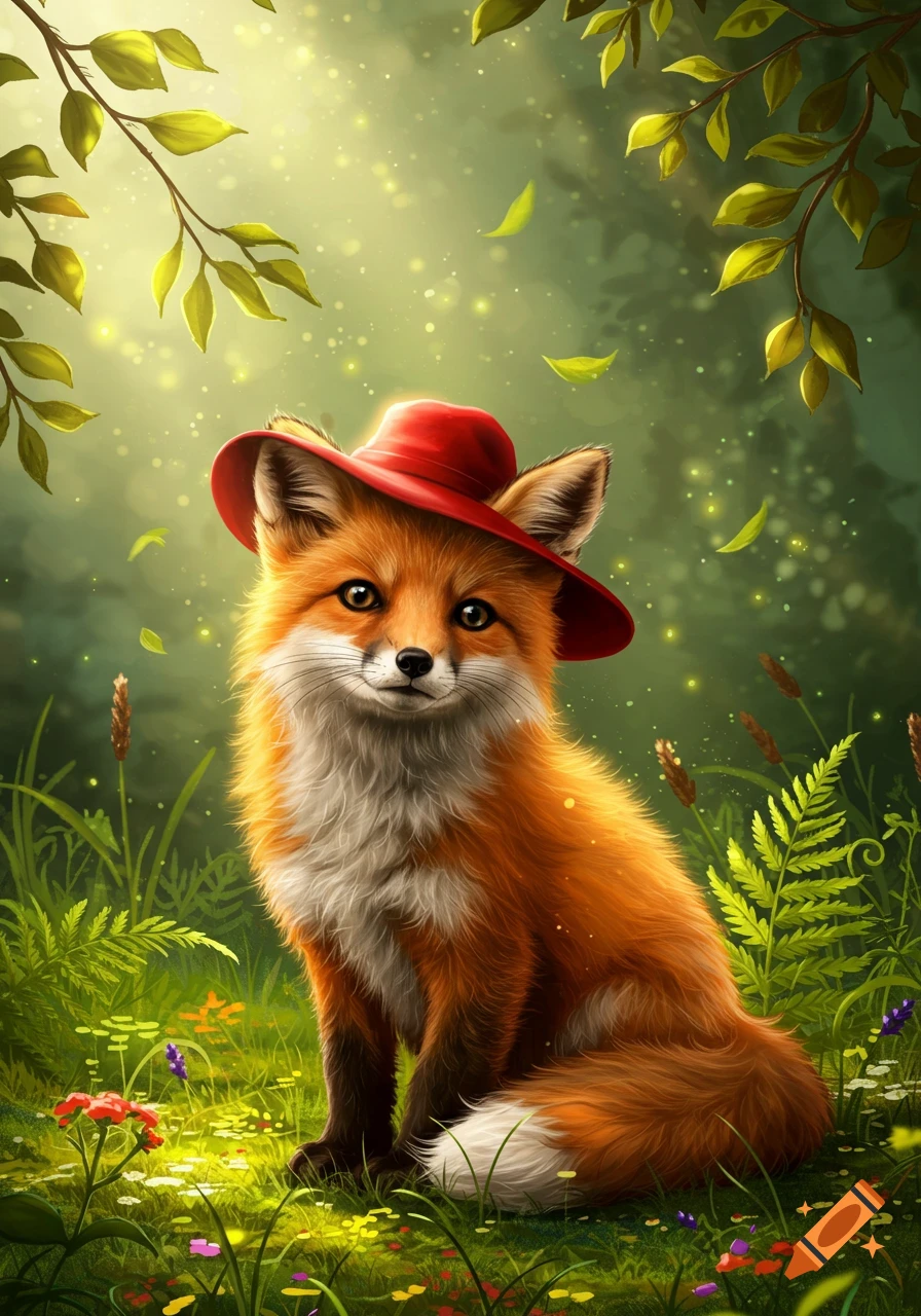 A cute, fluffy orange fox wearing a red hat sits in a vibrant, sparkling green forest.