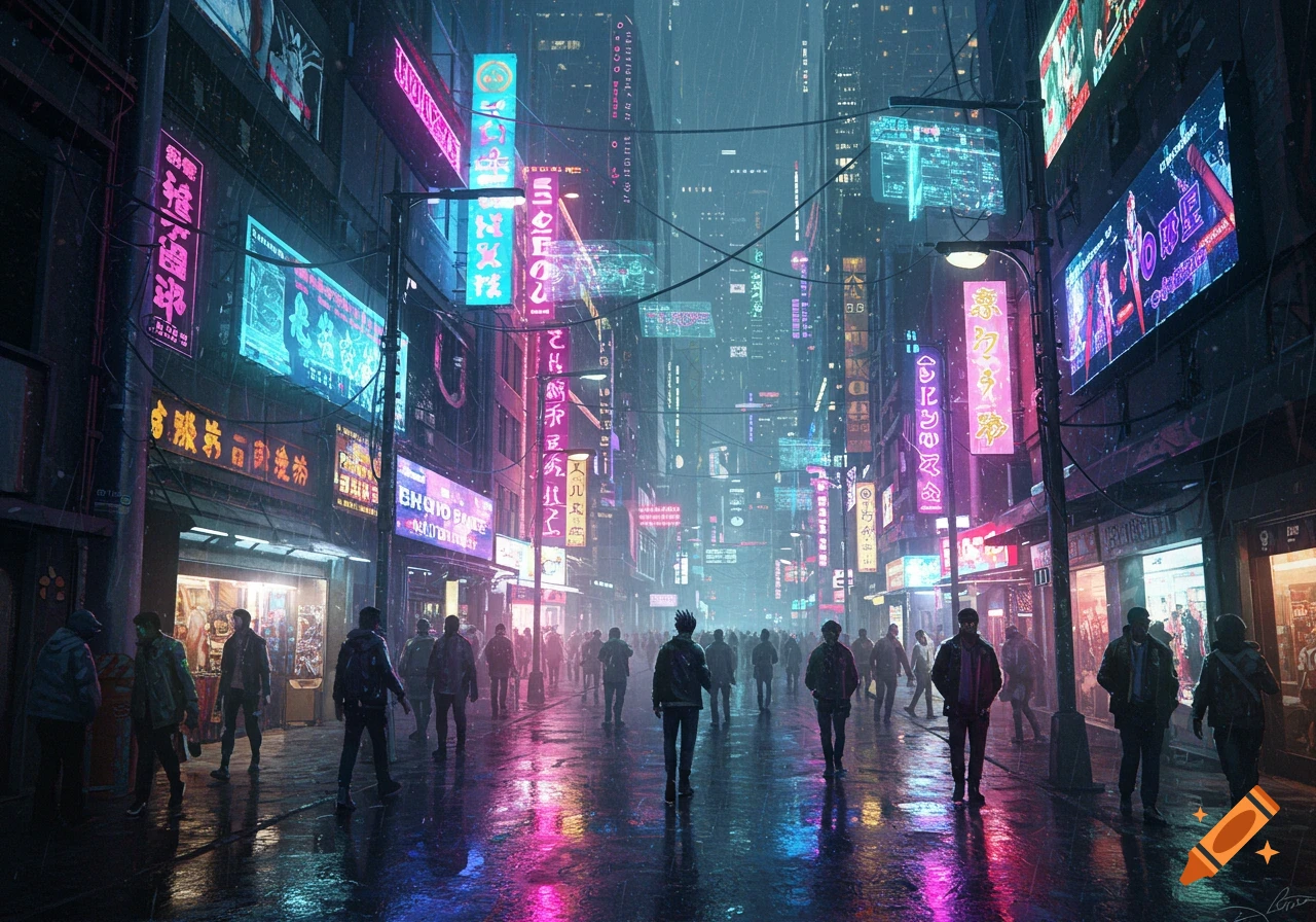 A digital painting of a crowded, rainy cyberpunk city street at night, illuminated by numerous colorful neon signs reflecting on the wet ground.