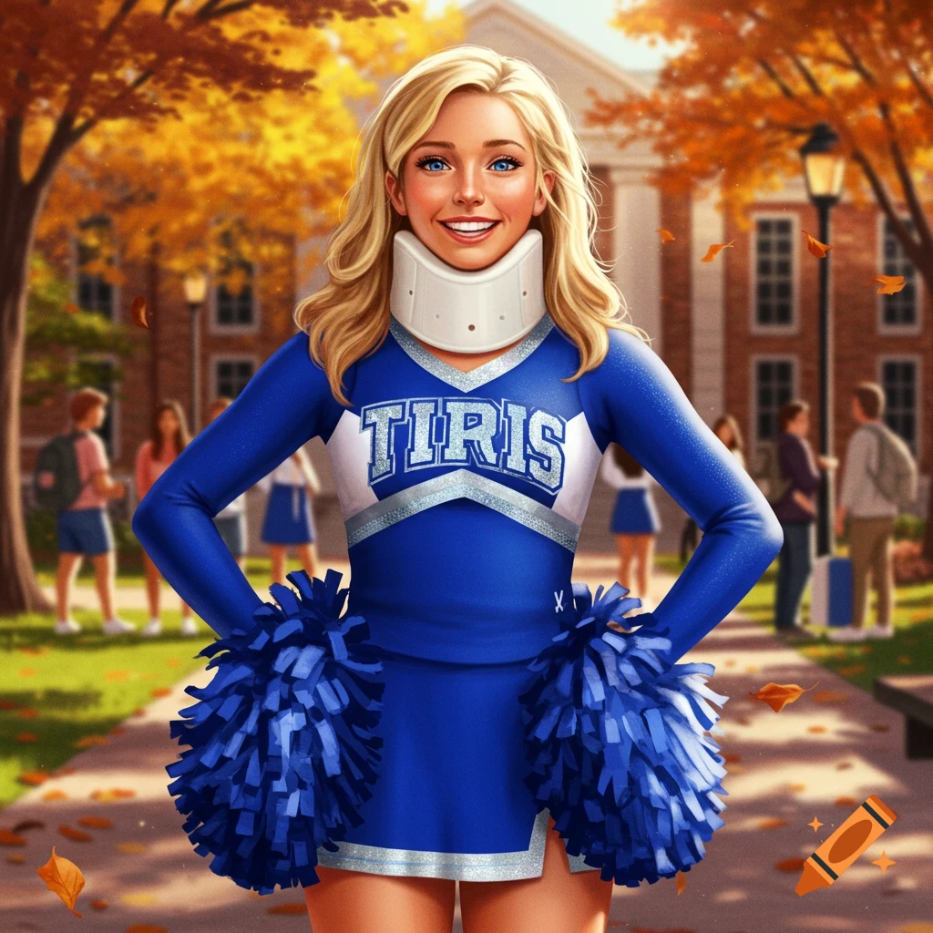 A smiling blonde college cheerleader in a blue uniform and neck brace holds pom-poms in front of a campus building during autumn, digital art.