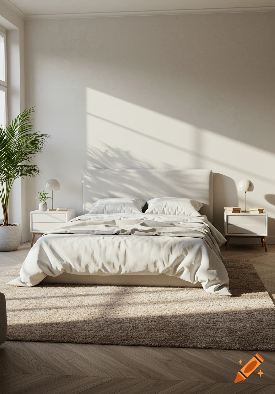 A minimalist, sunlit bedroom with a neatly made bed, two nightstands with lamps, a potted plant, and a large rug over a wooden floor.