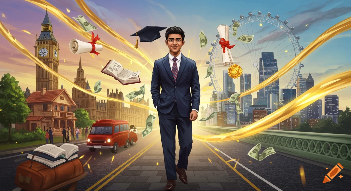 An illustration of a man in a suit walking on a road from a London-like village to a modern cityscape, with symbols of education and money floating around him.