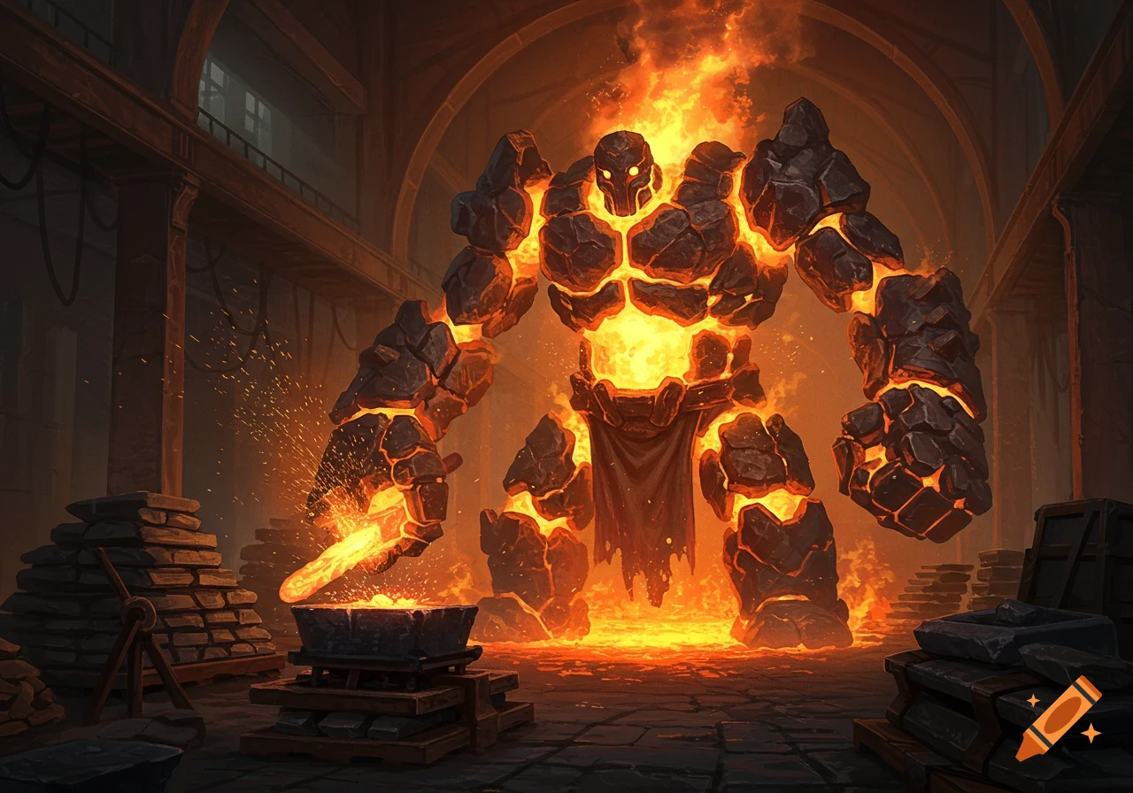 A massive golem made of molten rock and fire stands in a dimly lit forge, sparks flying as it holds a glowing metal bar over an anvil.