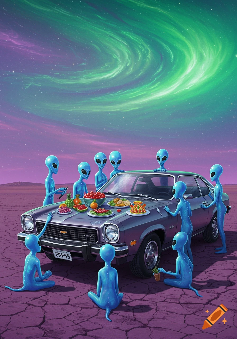 Blue aliens gather around a classic Chevrolet Vega car, laden with fruit and food, under a vibrant green and purple aurora sky on a cracked, reddish-purple planet.