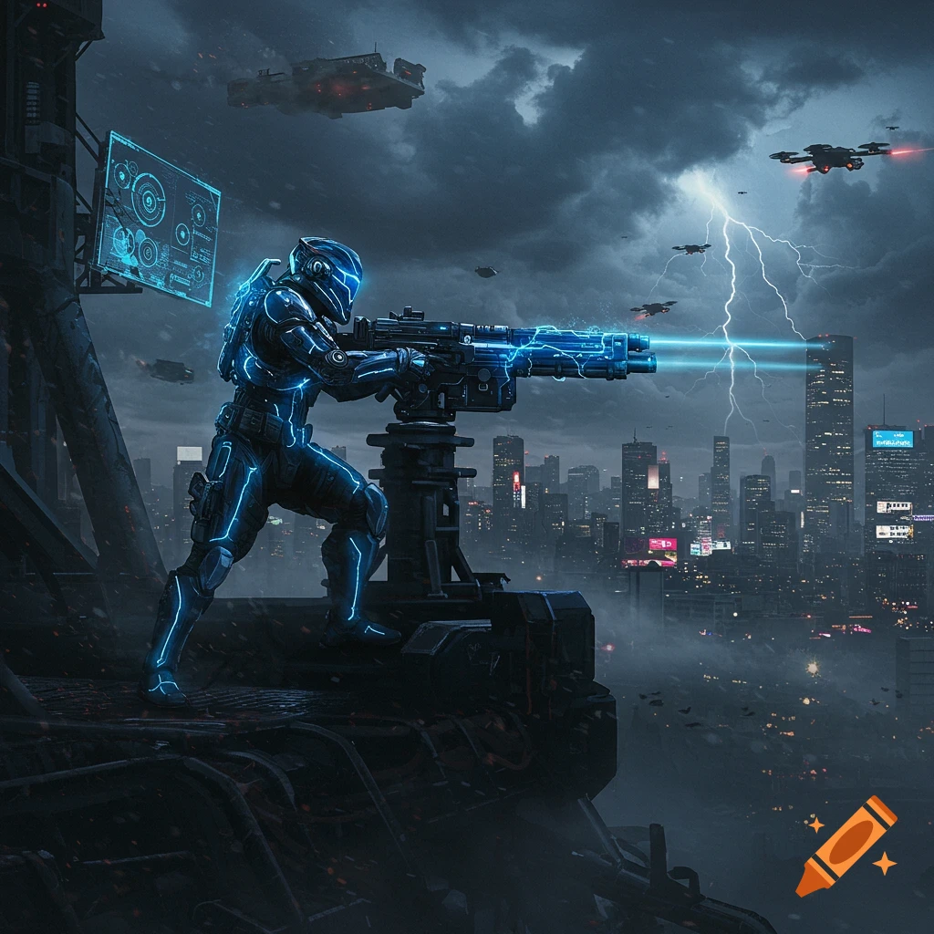A futuristic soldier in a glowing blue suit fires a large energy weapon from a rooftop overlooking a cyberpunk city under a stormy, lightning-filled sky.