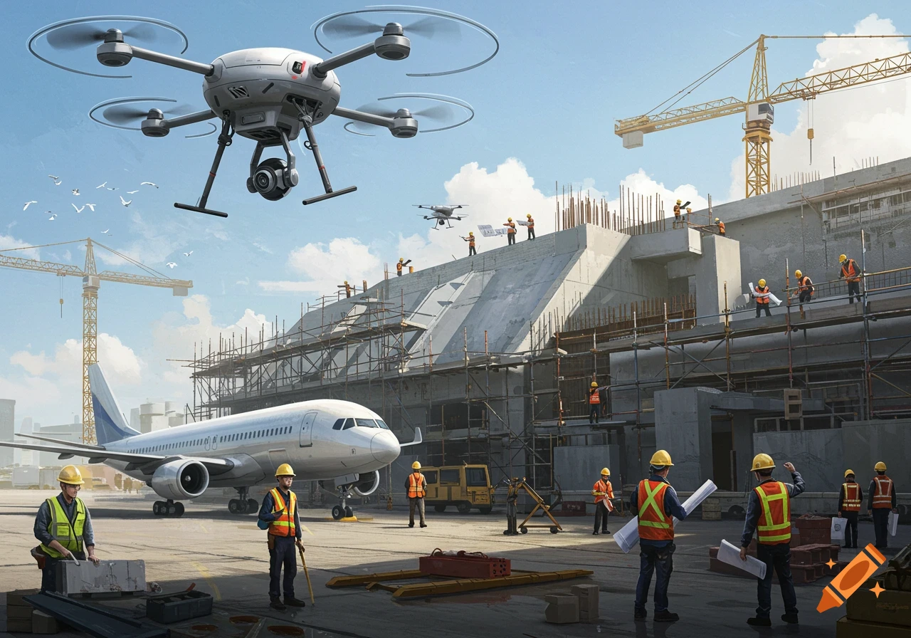 A large drone flies over a busy construction site with workers, cranes, and a parked airplane, under a blue sky.