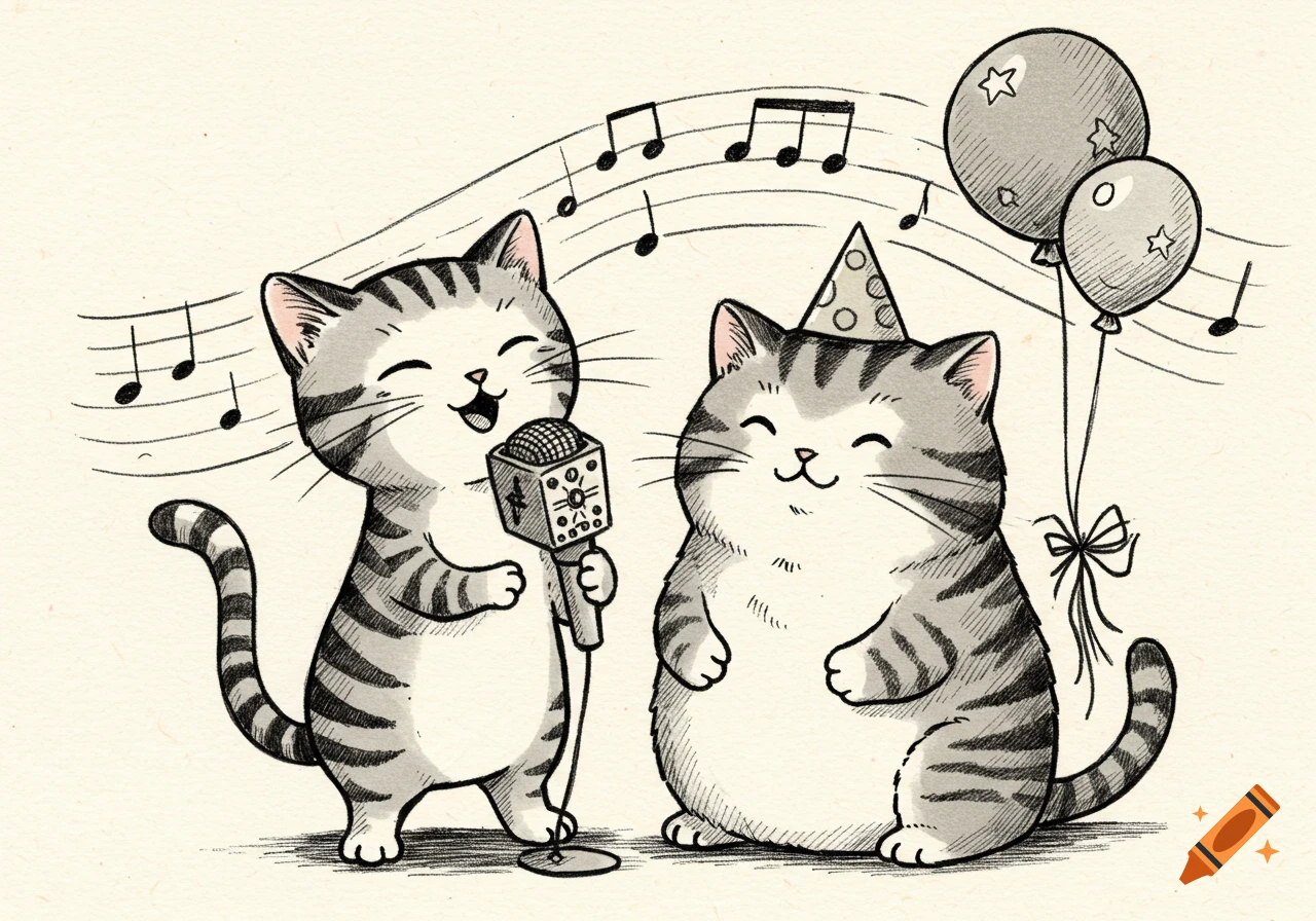 Ink drawing of two cute tabby cats: one skinny cat singing into a mic, and a fatter cat in a party hat smiling with balloons.