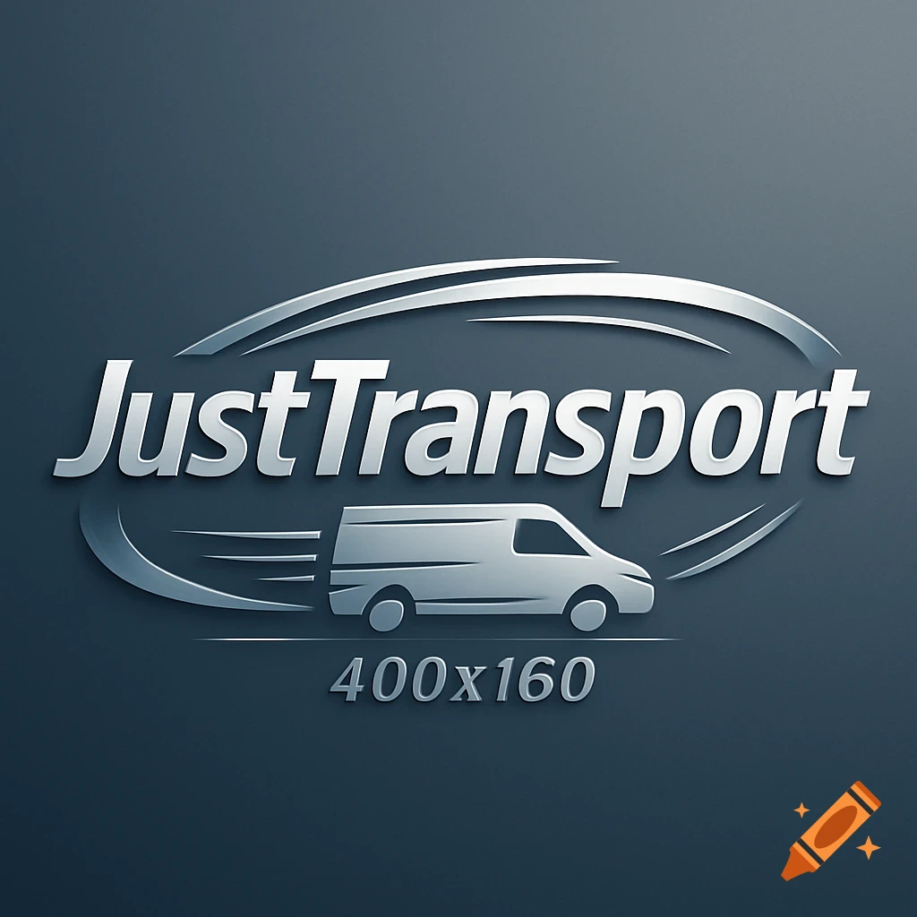 Metallic logo for JustTransport with a stylized moving van and the text '400x160'.