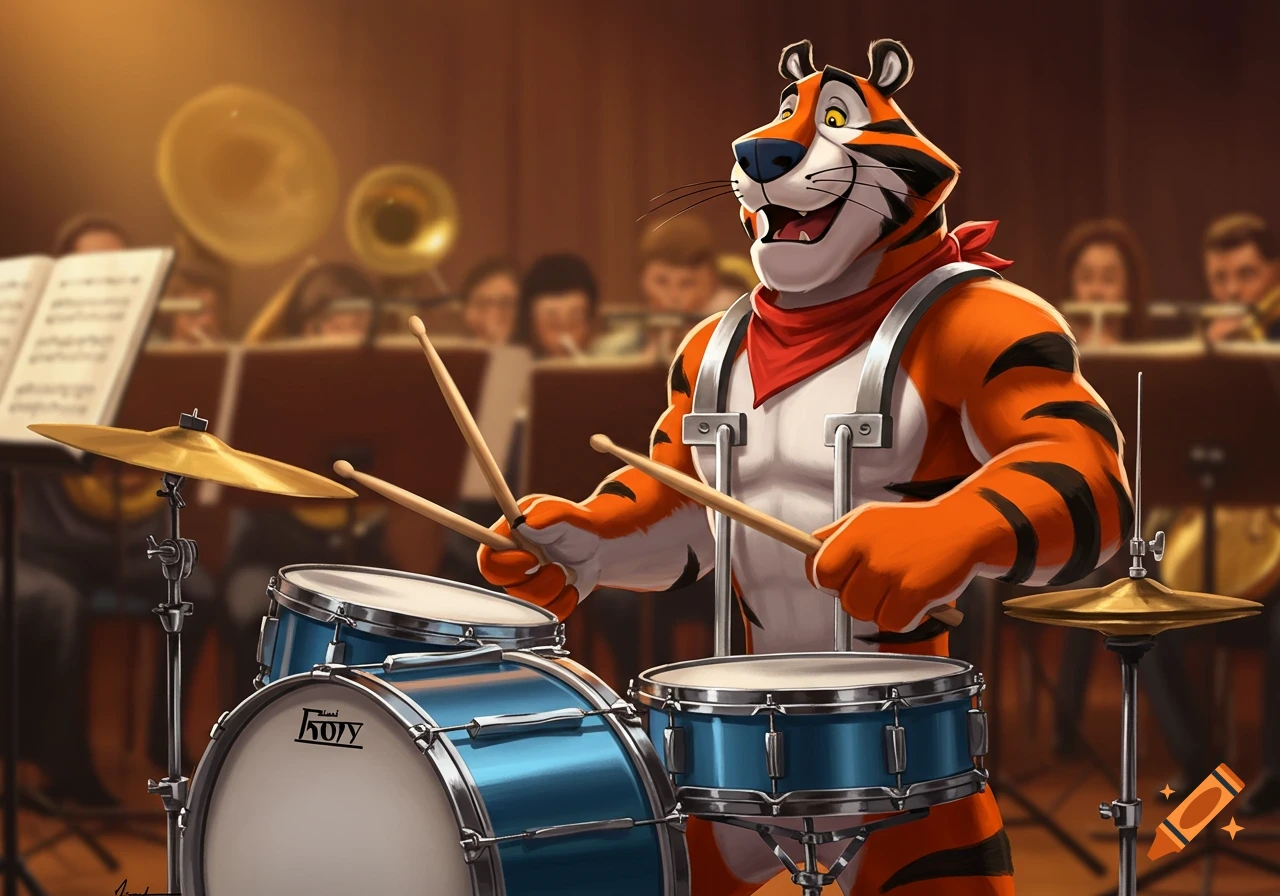 Cartoon Tony the Tiger playing blue drums in an orchestra with drumsticks held in a traditional grip, looking happy.