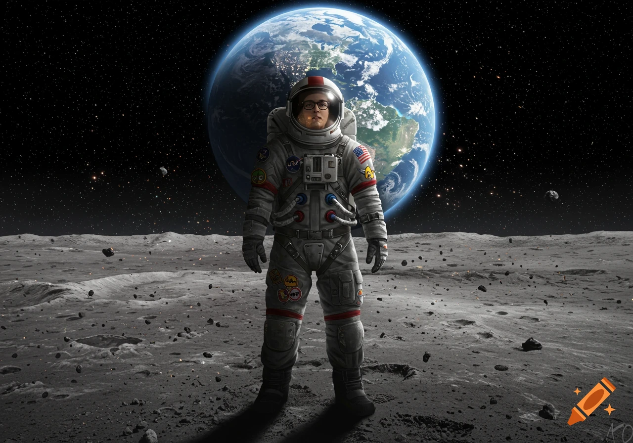 A nerdy astronaut wearing glasses and a white suit stands on the moon's surface, with the Earth prominent in the dark, starry sky behind them.