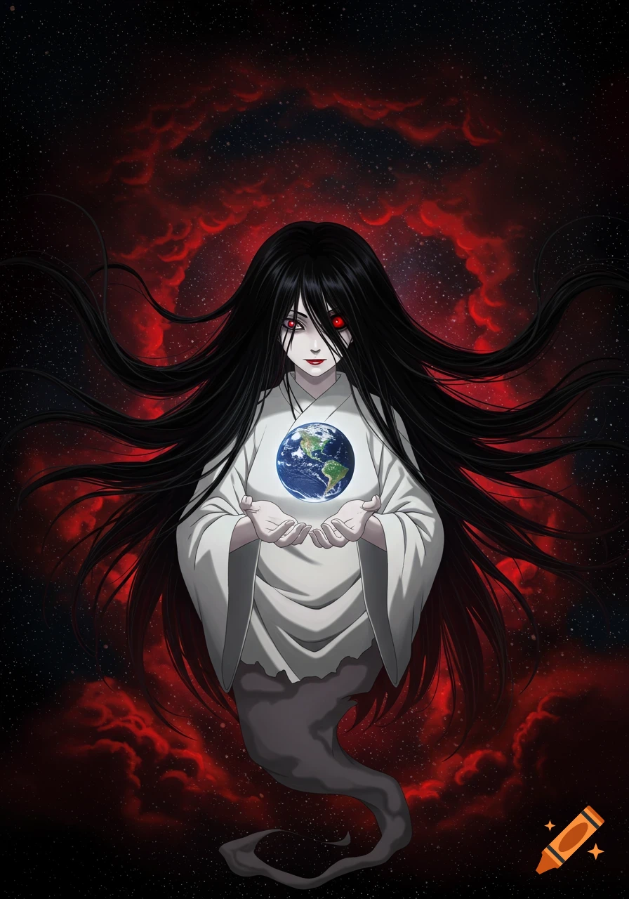 Anime-style ghost woman with long black hair and red eyes, wearing a white poncho, holding a miniature Earth against a black starry void with scarlet clouds.