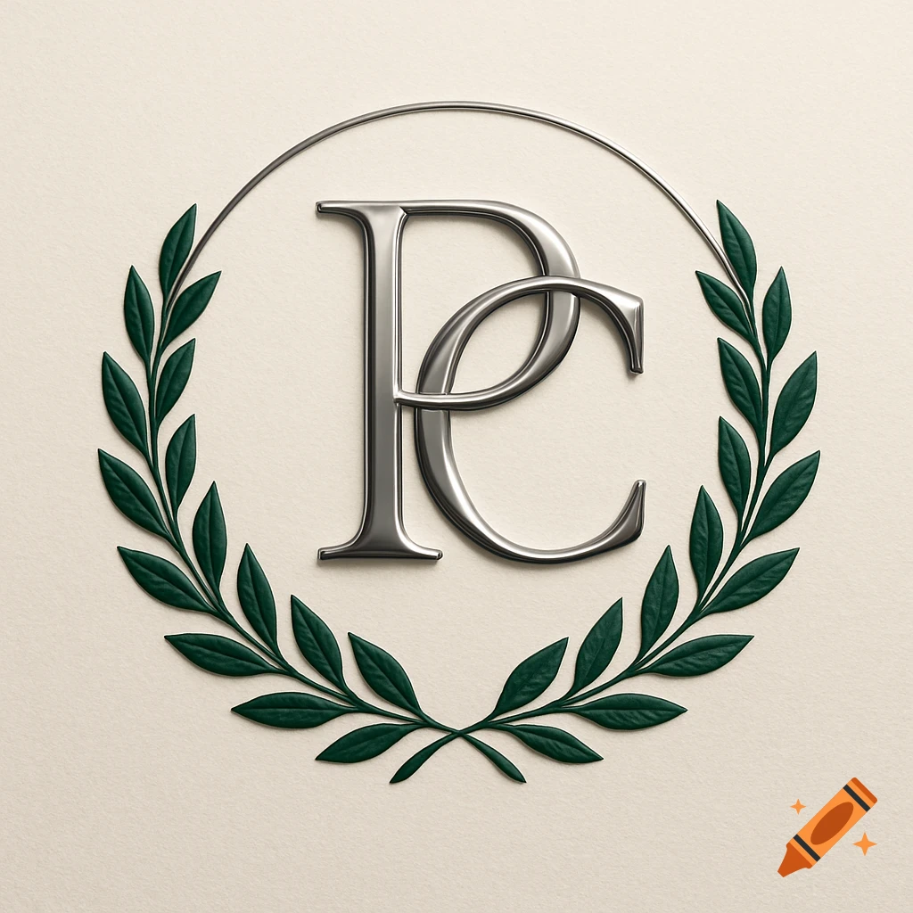 Silver letters P and C intertwined, framed by a green olive wreath, on a light cream background.