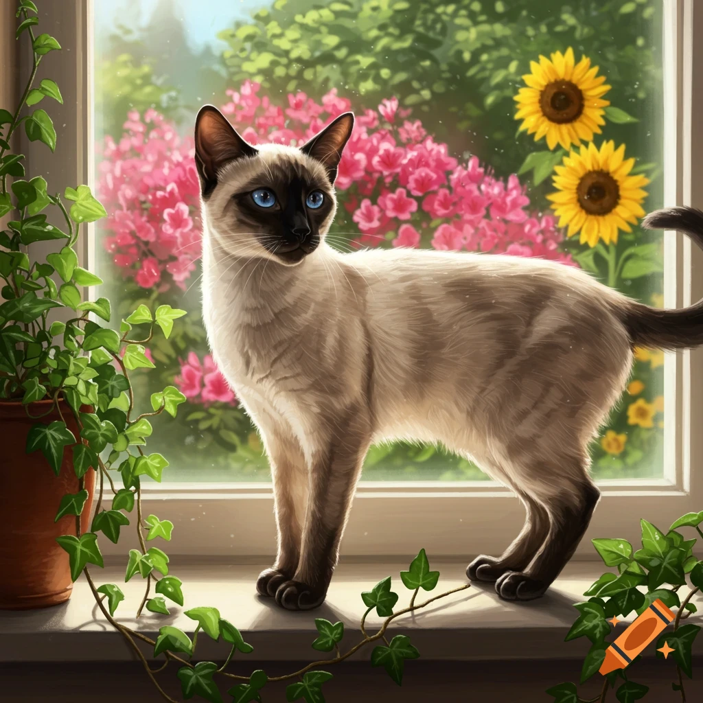 A Siamese cat with blue eyes stands on a sunlit windowsill, framed by green ivy and vibrant pink and yellow flowers outside.
