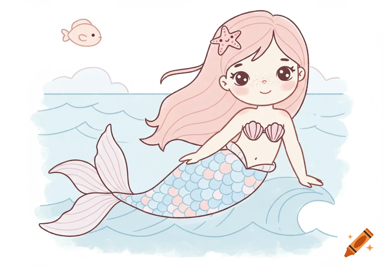 A cute cartoon mermaid with pink hair and a blue and pink tail swims in the ocean with a fish, in a simple line art style.