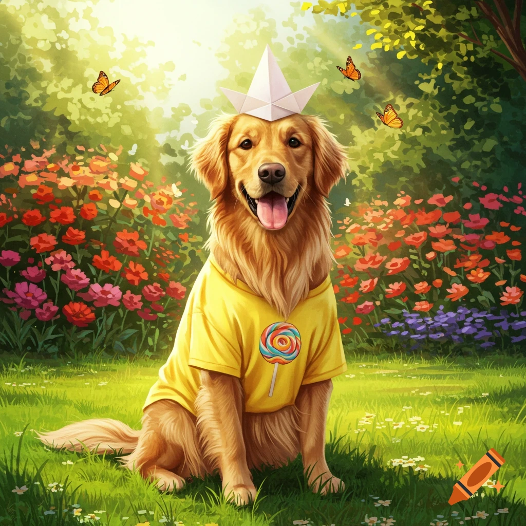 An illustrated golden retriever wearing a yellow shirt with a lollipop and a paper hat sits in a sunny garden with flowers and butterflies.