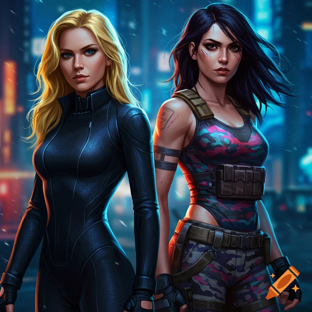 Two stylized women against a futuristic city background. One blonde in a sleek black suit, the other dark-haired in camouflage combat gear.