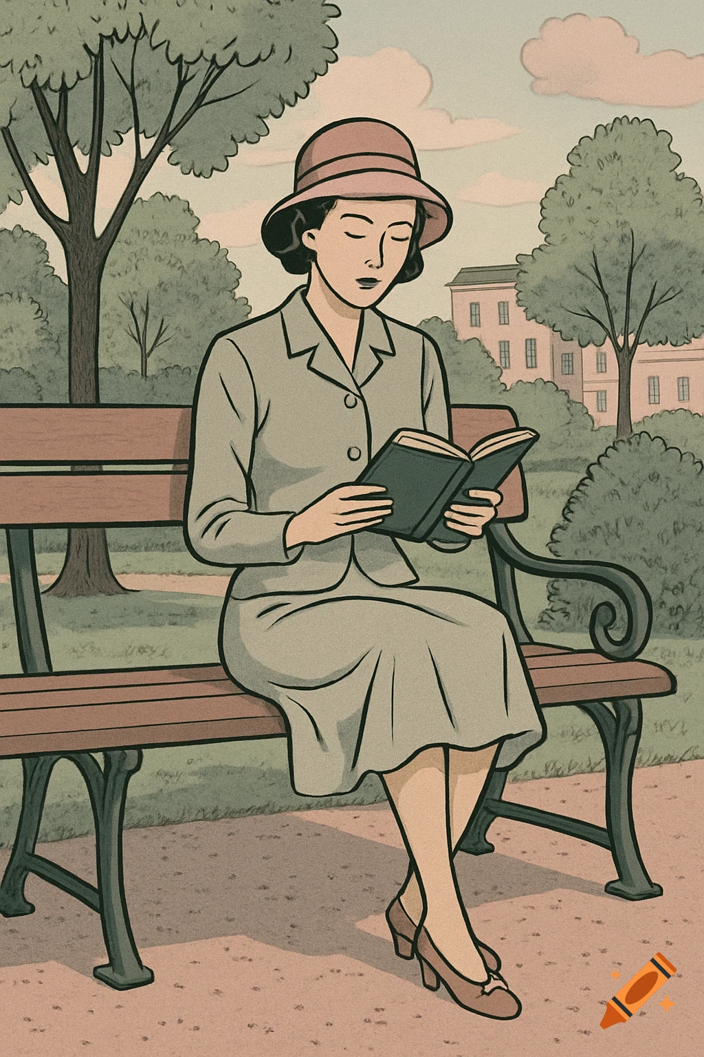 An illustration in Ted Benoit style shows a woman in a hat sitting on a park bench, reading a book. Trees and a building are in the background.