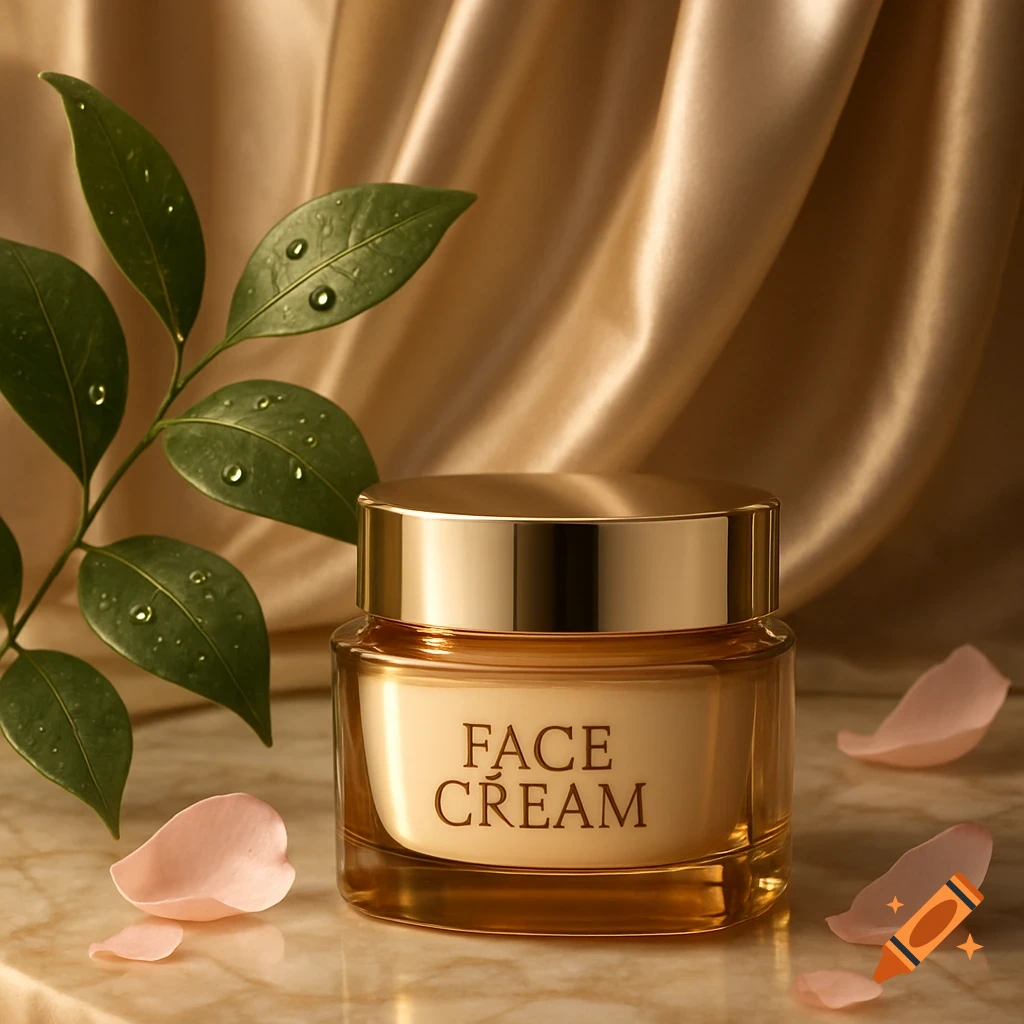 A luxurious gold jar of face cream on a marble surface, surrounded by green leaves with water droplets, pink rose petals, and a golden satin background.