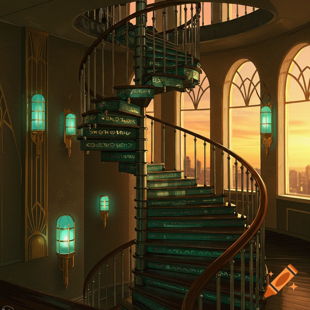 An opulent art deco spiral staircase with glowing teal lamps, overlooking a city at sunset from large arched windows.
