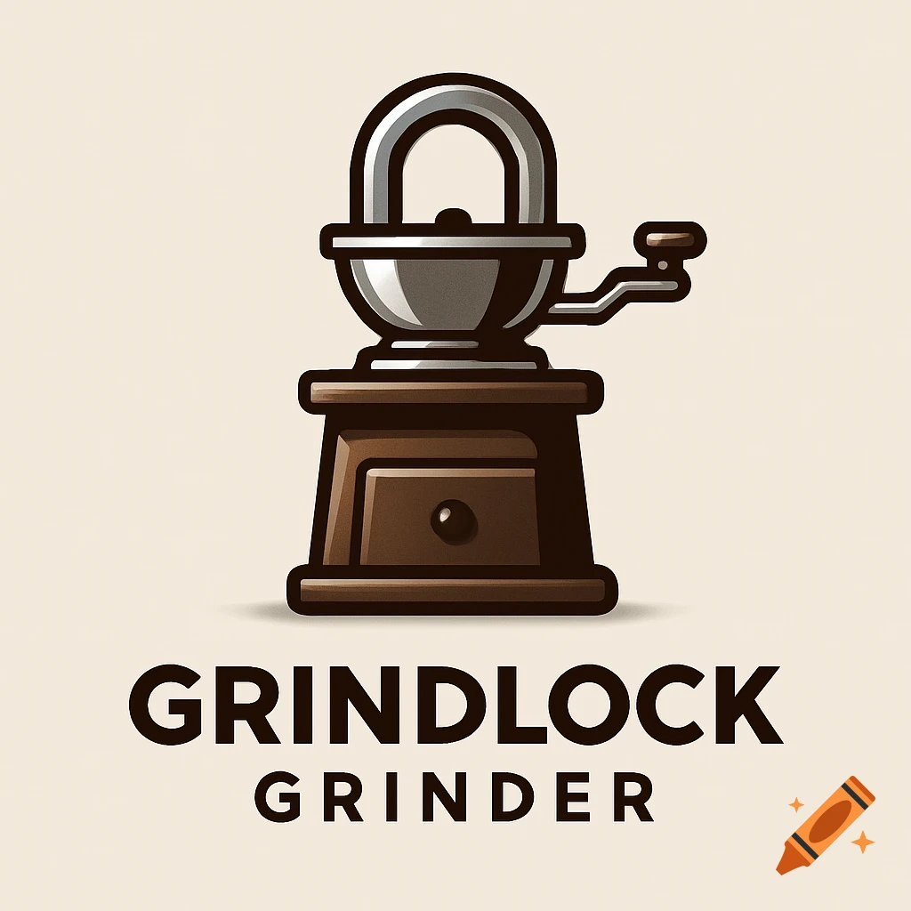 A stylized brown and silver logo of a coffee grinder above the text GRINDLOCK GRINDER.