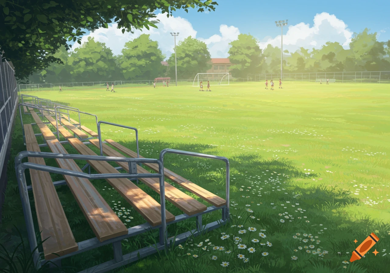 An anime-style view of a sunny school soccer field with empty wooden bleachers in the foreground, students playing in the distance.