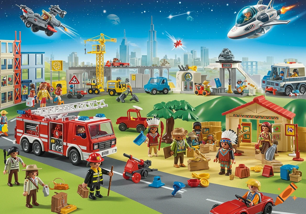 A busy Playmobil city scene with a fire truck, construction site, spaceship, and diverse figures under a starry sky.