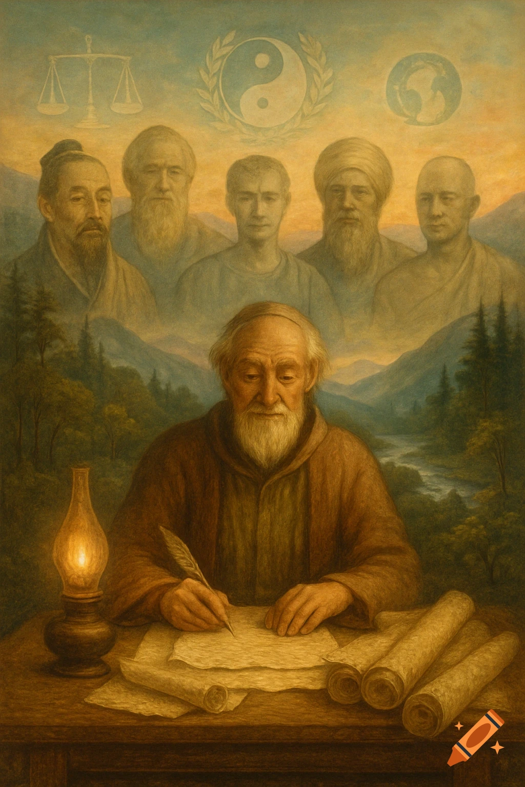 A painting of an old man with a beard writing at a desk by lamplight, with ghostly figures and symbols in the background.