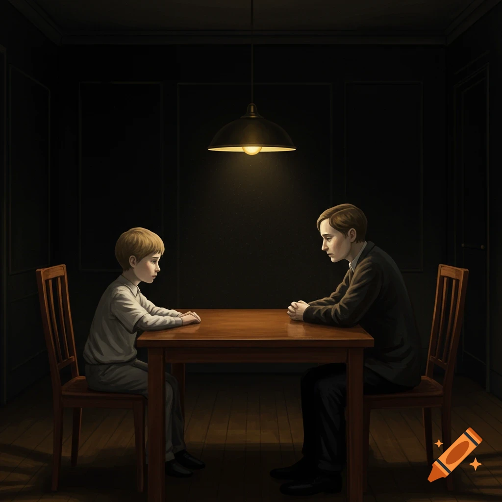 Two boys sit face to face at a wooden table, illuminated by a single overhead lamp in a dark, dramatic room.