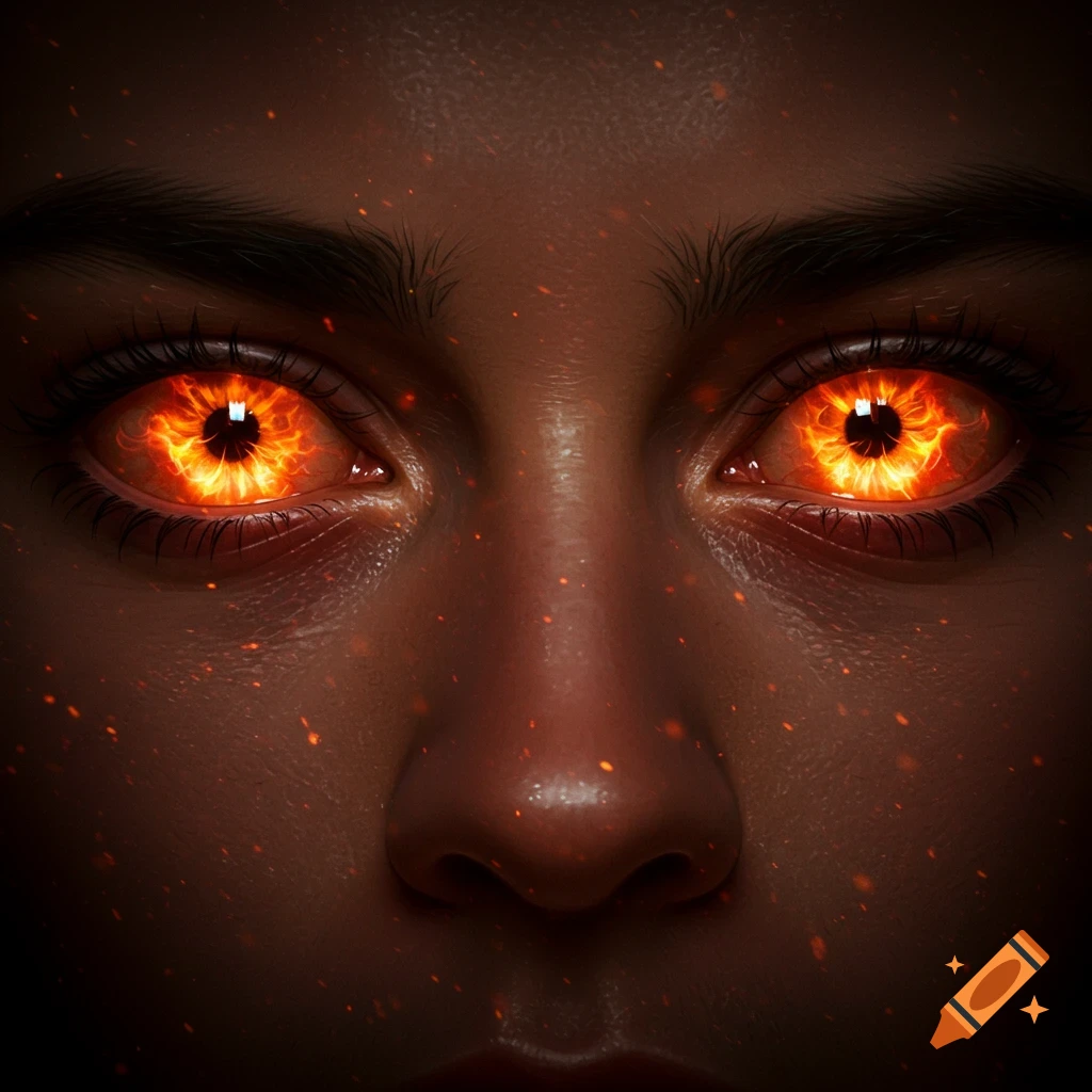 Close-up of a person's face with intense, glowing orange and yellow fiery eyes surrounded by small sparks.